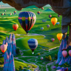 Vibrant hot air balloons over scenic landscape with rock formations at sunrise