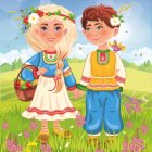 Children smiling in sunny field with yellow flowers, girl in pink dress, boy in blue and yellow polo