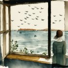 Girl looking at sea and seagulls through open window