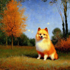 Whimsical painting featuring two Pomeranian dogs