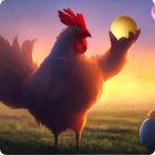 Illustrated chicken holding golden egg at sunrise with second egg on ground