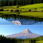 Snow-capped mountain reflected in lake with Easter eggs on green field