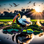 Colorful sunrise scene with storks, ibises, lotus leaves, and flying birds