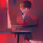 Young boy on train gazes out window bathed in warm red light