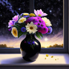 Colorful flower bouquet in black vase on windowsill under starry night sky