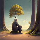 Elderly person on wooden bench between large trees in tranquil landscape