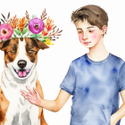 Smiling boy with dog wearing floral crown in comical scene