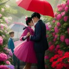 Romantic couple kissing under red umbrella with blooming flowers, children watching.