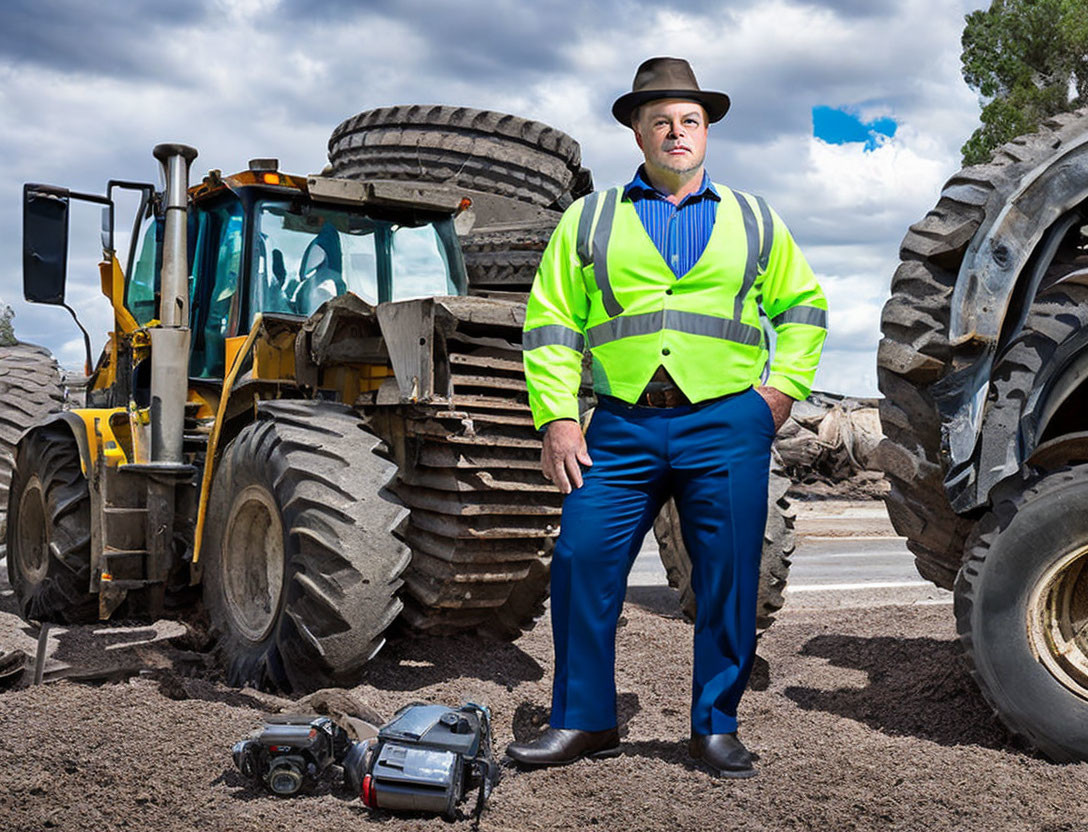 Man in high-visibility vest and hat with yellow backhoe loader