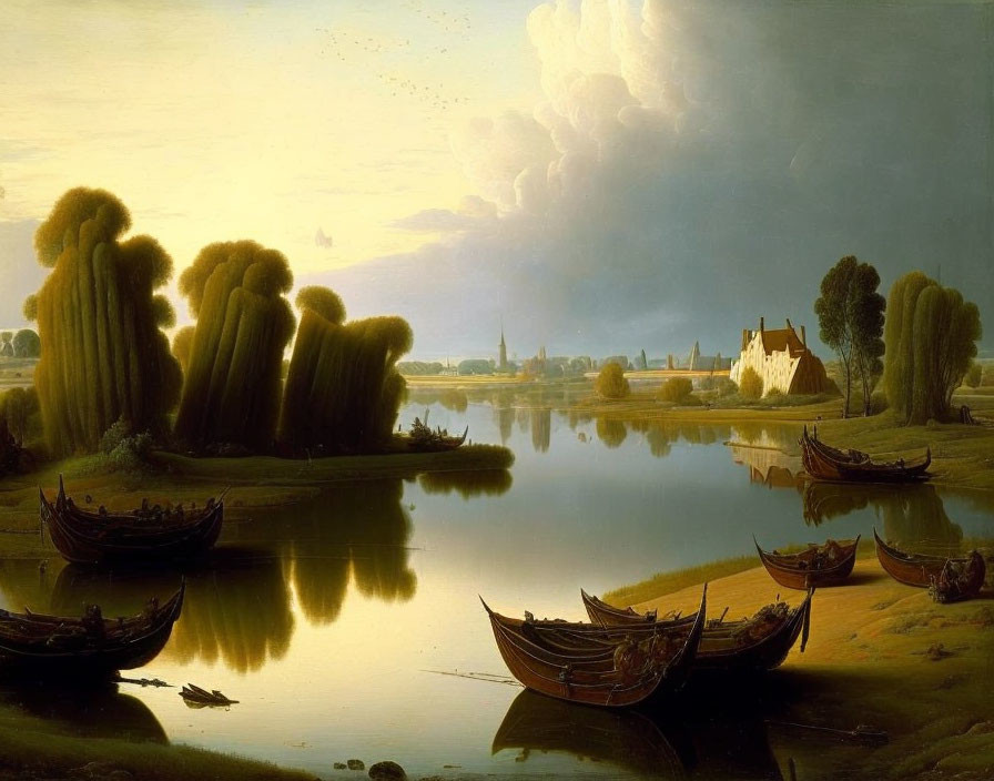 Dusk riverscape with moored boats, village, spired buildings, trees, and dramatic sky