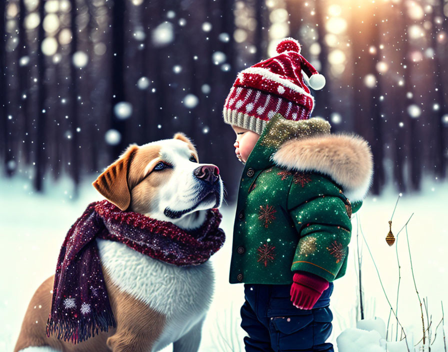 Child in Winter Clothing with Brown and White Dog in Snowy Scene