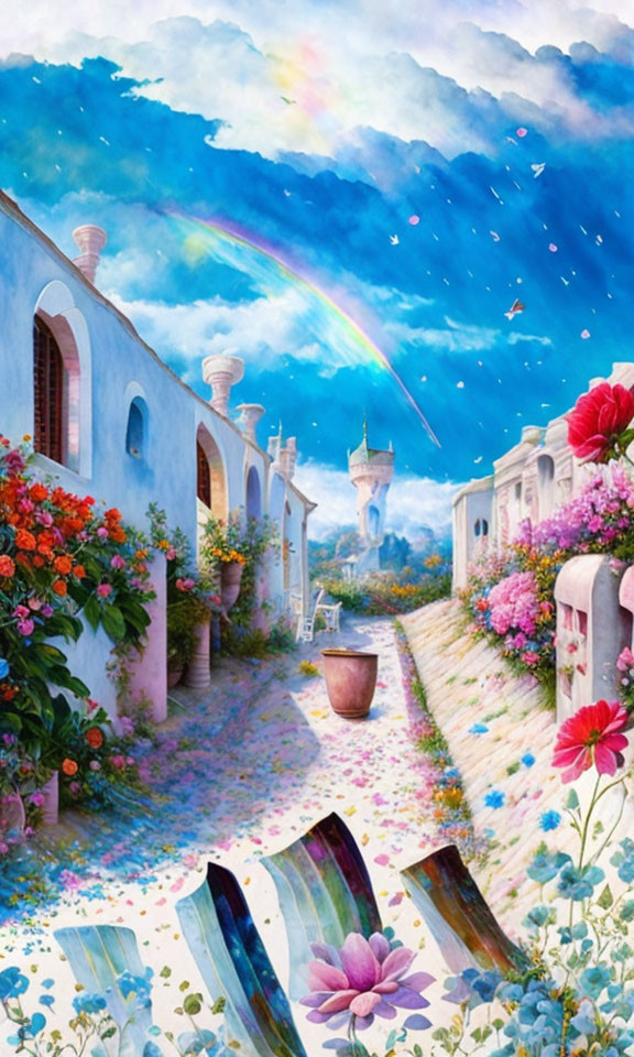 Colorful painting of cobblestone street, white buildings, flowers, castle, stars, rainbow