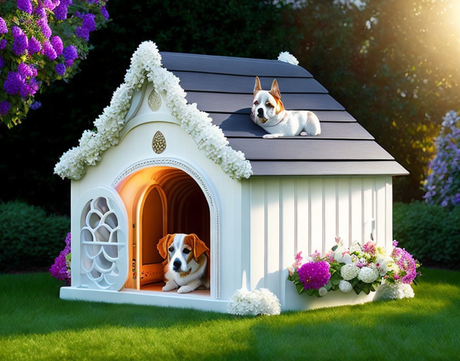 Luxurious Doghouse with Dark Roof and Vibrant Flowers