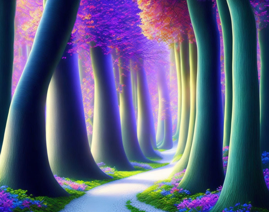 Vibrant surreal forest with teal trunks and purple foliage