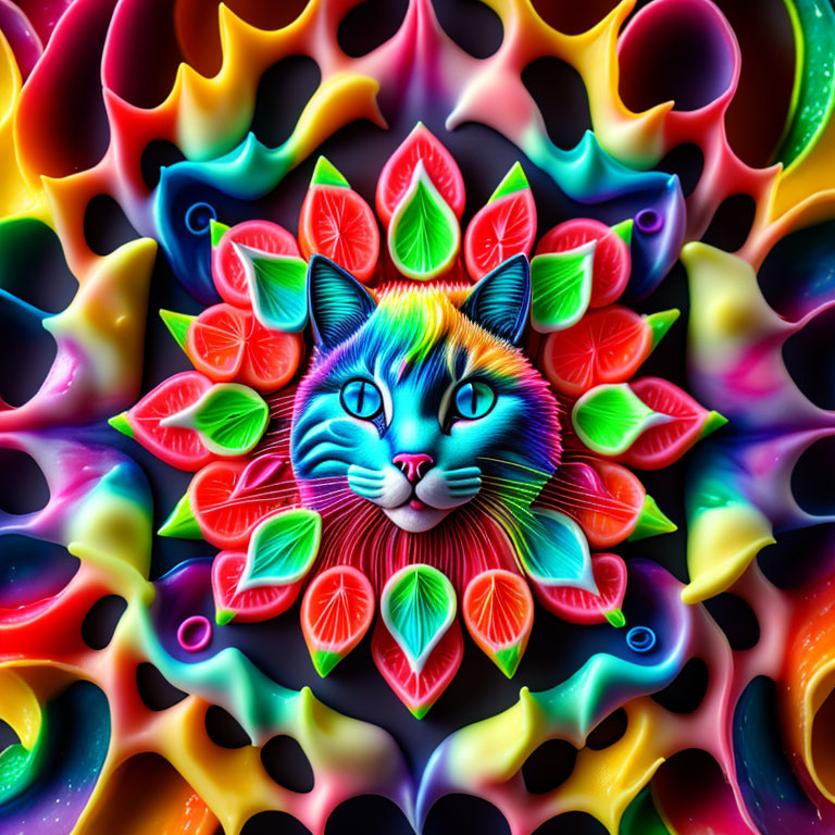 Colorful Cat Face Digital Art with Psychedelic Patterns and Mandala Background