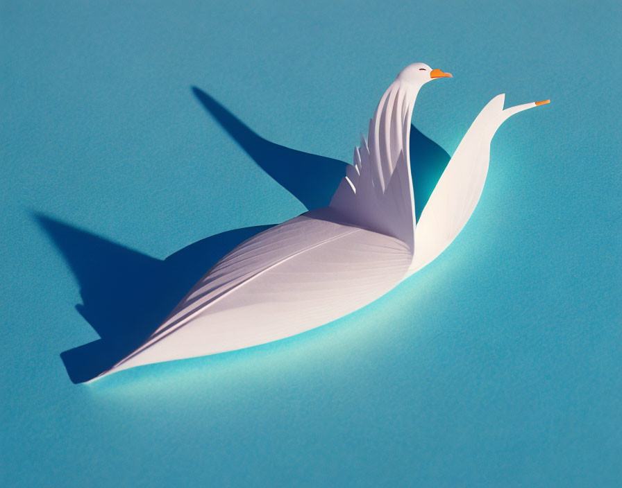 Spread-Winged Papercrafted Seagull Shadow on Blue Background