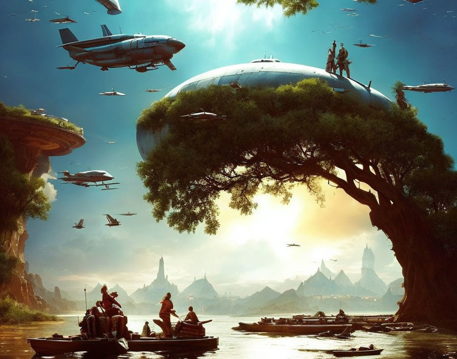 Futuristic landscape with people in boats under a large tree observing floating aircraft and a distant city with