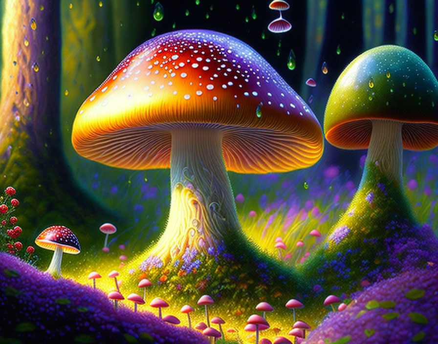 Enchanted forest scene with oversized illuminated mushrooms