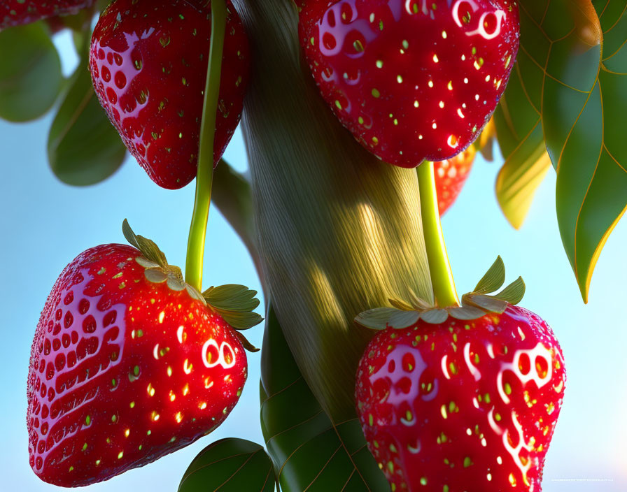 Fresh strawberries with bright red hues and tiny seeds on a stem with green leaves on a sky-blue backdrop