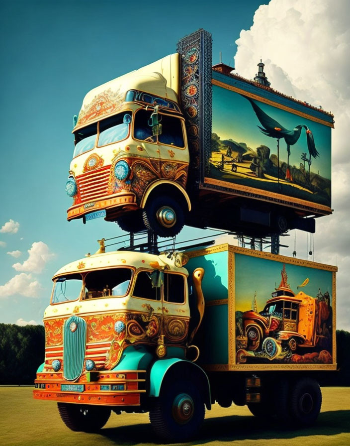 Colorful stacked trucks with ornate animal and landscape designs on blue sky background