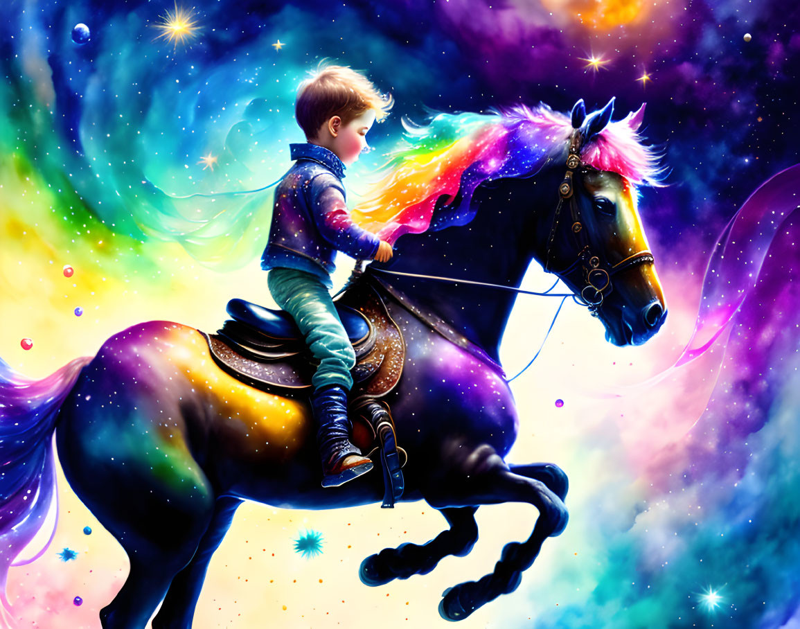 Boy riding majestic horse under cosmic sky