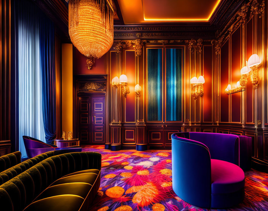 Luxurious Purple and Blue Themed Room with Velvet Furniture and Ornate Lighting