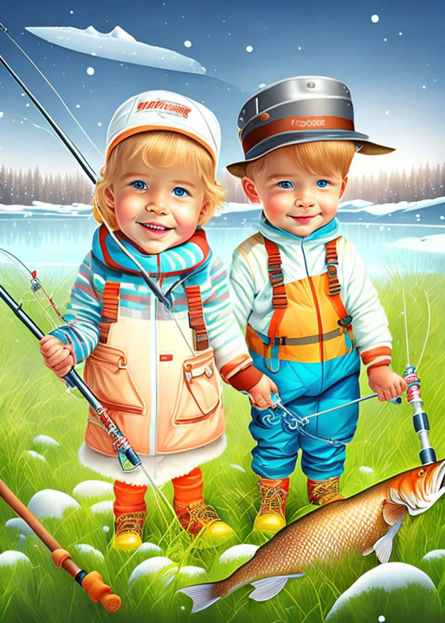 Two animated toddlers with a fish in a field by a lake at night