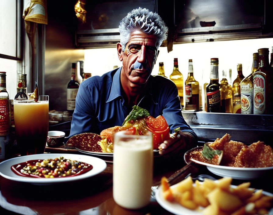 Person at diner counter with dishes and drinks, looking pensive and cool