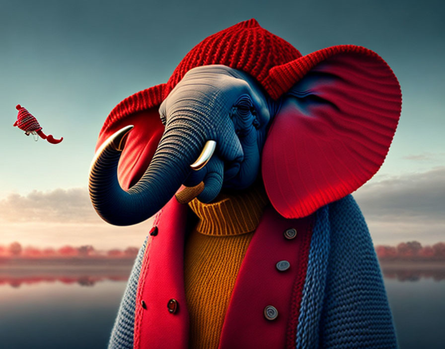 Anthropomorphic elephant in red jacket and yellow sweater gazes at flying red hat in serene sky and