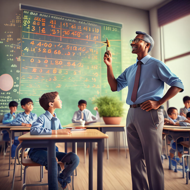 Teacher with model rocket in classroom with students and math equations