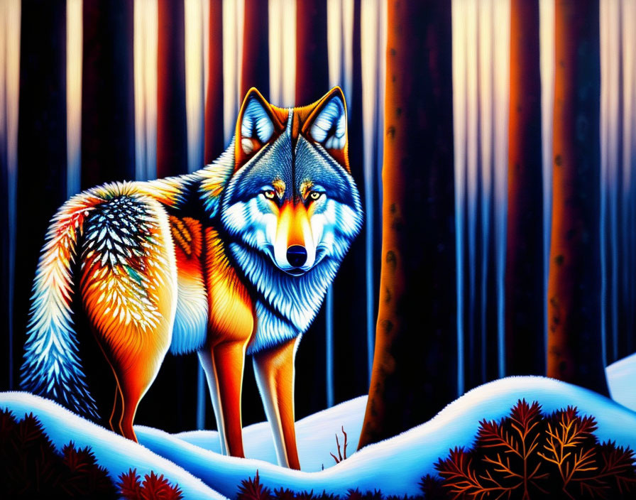 Colorful Wolf Painting in Snowy Forest with Vertical Trees