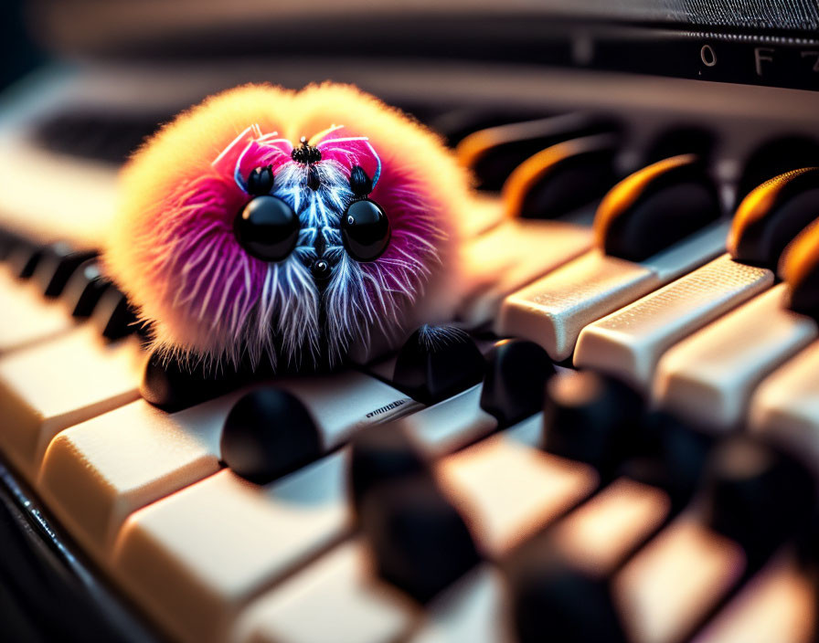 Fluffy toy spider on piano keys with control knobs in warm light