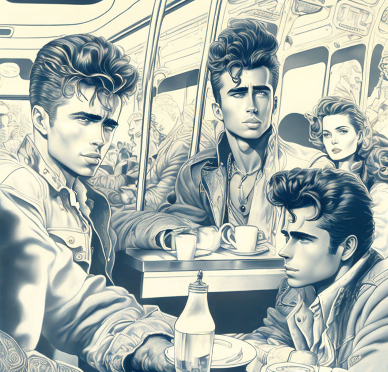 Vintage diner scene with three young adults in 1950s Americana style