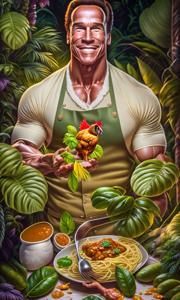 Colorful illustration: man with rooster & noodles in jungle