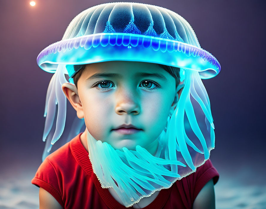 Child with digitally manipulated glowing jellyfish hat on purple background