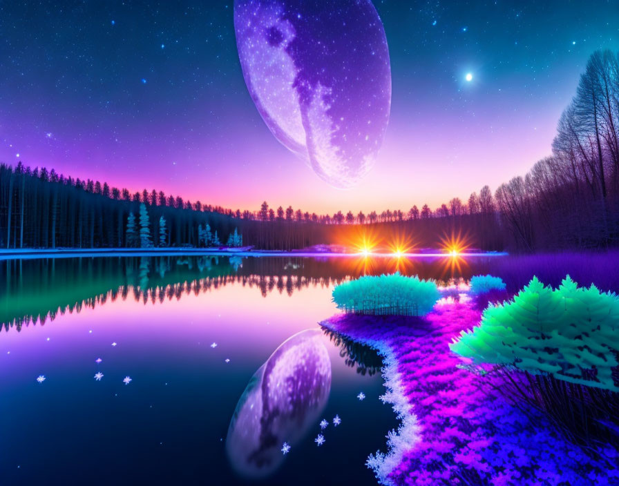 Vibrant purple and pink surreal landscape with moon, stars, lake, flora, and forest at