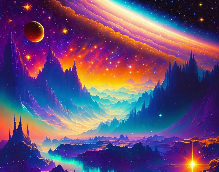 Neon sky digital art: red moon, star trails, cosmic landscape