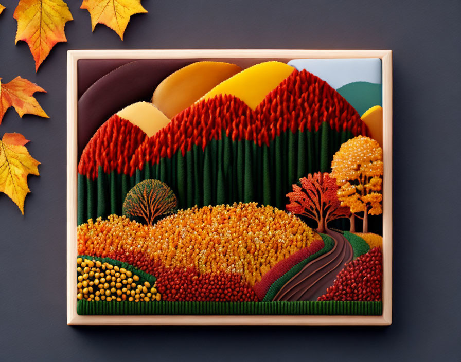 Colorful 3D Paper Art: Autumn Landscape with Hills, Trees, Path, and Maple Leaves