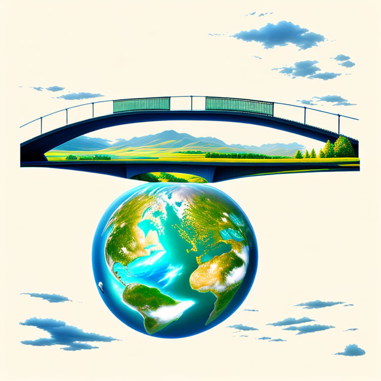 Surreal image of bridge over Earth globe with clear sky