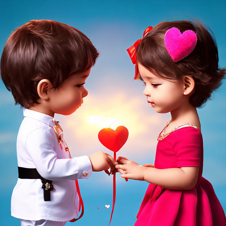 Animated toddlers holding heart lollipop at sunset