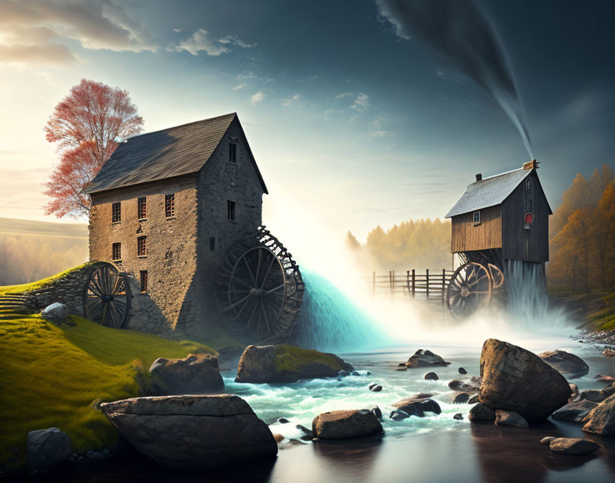 Rural watermills with turning wheels by river under dramatic sky