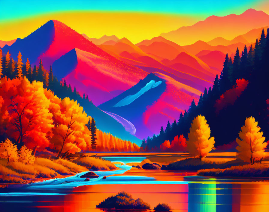 Colorful Autumn Trees & River in Digital Art Landscape