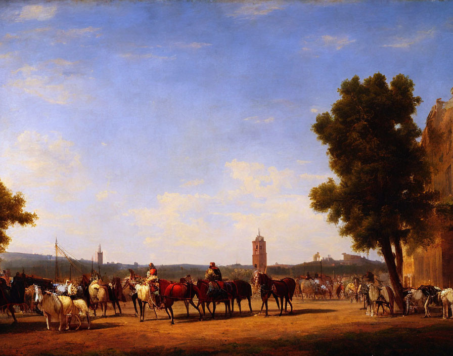 Group of riders on horseback in classical painting landscape.