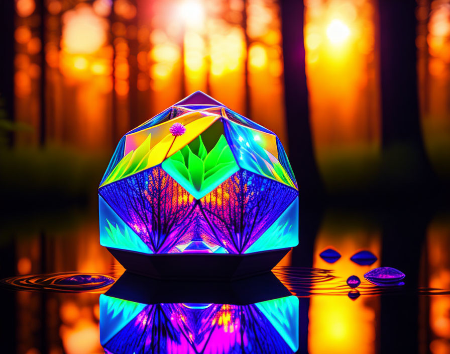 Colorful Lotus-Shaped Lamp Against Sunset Forest Backdrop