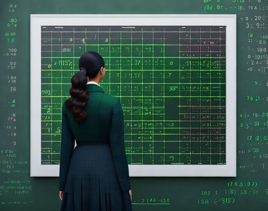 Woman in Green Blazer Studying Mathematical Formulas on Large Screen