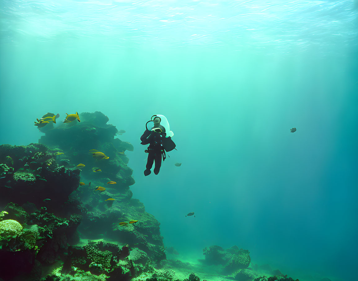 Underwater diver near coral reef with tropical fish and sunbeam