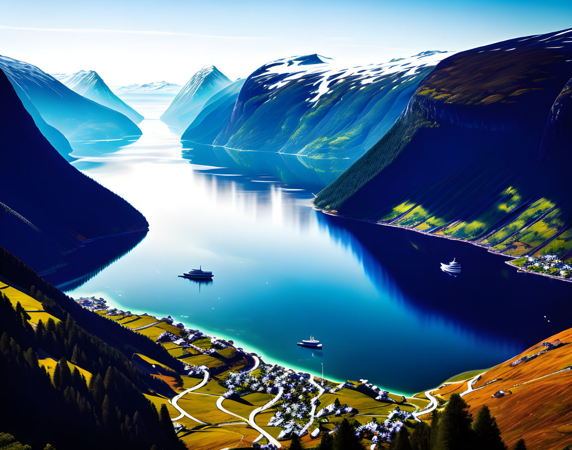 Picturesque fjord village with steep mountains, ships, and calm waters