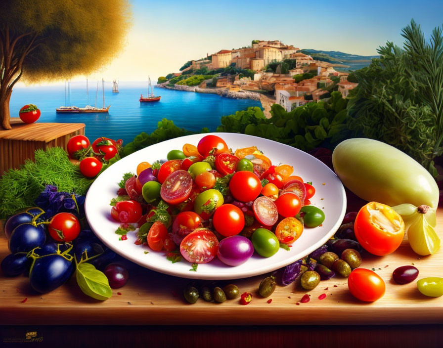 Colorful Still Life: Plate with Tomatoes, Olives, Basil, Coastal Village & Boats