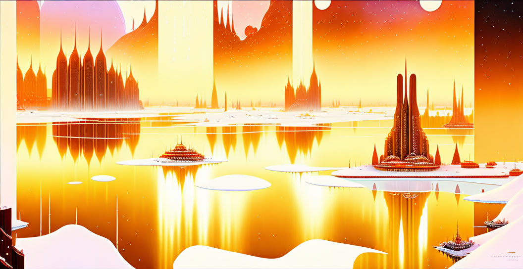 Futuristic cityscape with spire-like buildings and two suns reflected in water