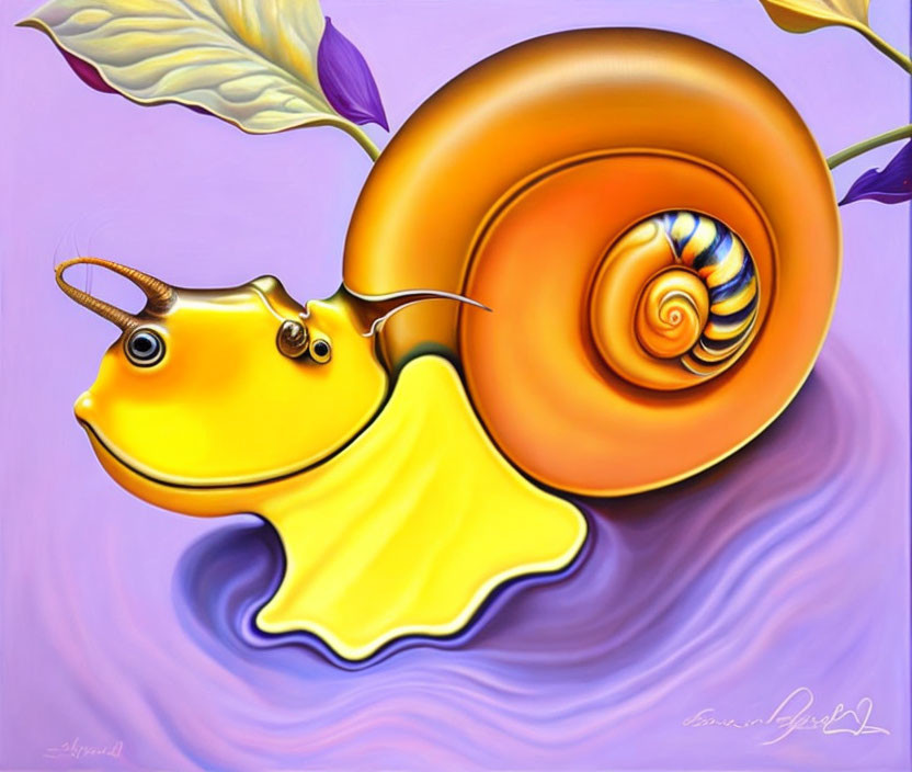 Colorful Whimsical Yellow Snail Illustration on Purple Background